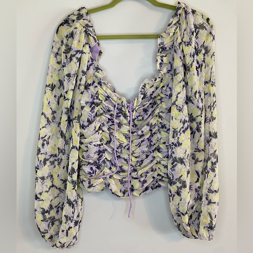 Anthropologie Large Top Purple Yellow Floral Puffy Sleeves polyester RN66170